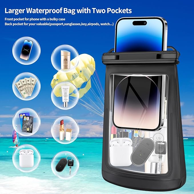 Large Floating Waterproof Phone Pouch, Cell Phone Dry Bag for iPhone 14/13/12/11 Pro Max, Galaxy S22/S21 All Phones, Universal Float Water Proof Bag for Beach Water Park【Oversize】