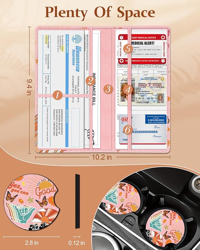 Slohif Car Registration and Insurance Card Holder with Magnetic Shut - Vehicle Glove Box Organizer Women Leather Automobile License Holders Coasters Auto Accessories Case for Document Funny Y2K