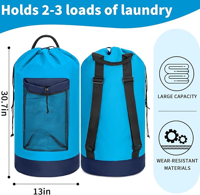 Laundry Bag Backpack with Shoulder Straps and Mesh Pocket Foldable Clothes Hamper Bag with Drawstring Closure for College, Apartment, Laundromat (Blue)