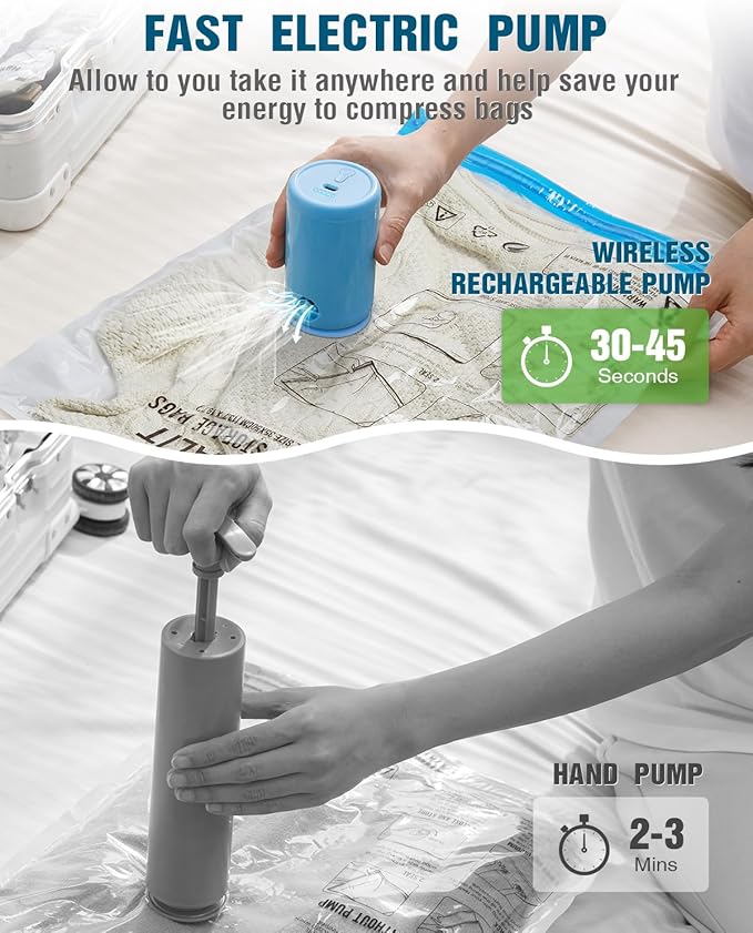 Vacuum Storage Bags for Travel, 16 Pack (4L+4M+4S+4XS) Vacuum Seal Bags with Wireless Rechargeable Electric Pump, Travel Essentials Space Saving Bag for Clothes, Luggage, Carry-on Suitcase, Backpack
