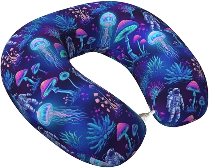 Travel Neck Pillow for Pain Relief Sleeping, Underwater Jellyfish Astronauts Mushroom Art, Comfortable Memory Foam Chin Head Cushion Support with Zip Cover, Fashion Car Flight Pillows