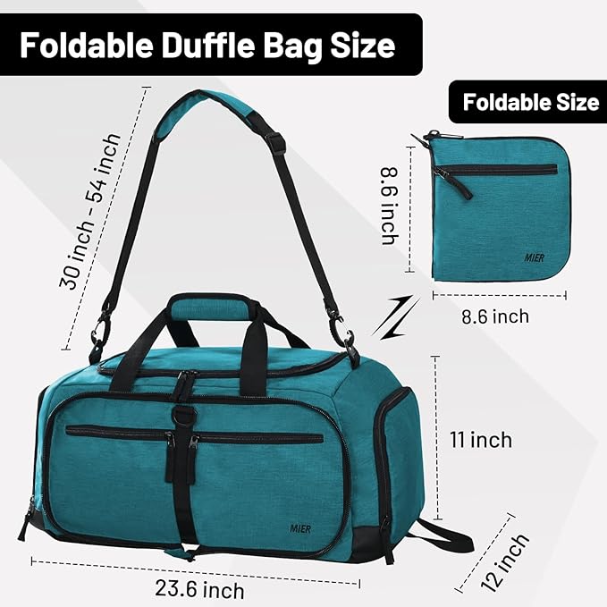 MIER Foldable Duffle Bag with Shoe Compartment 50L Travel Duffel Bags for Men Women Packable Overnight Bag for Camping Gym Weekender, Teal