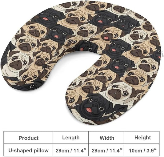 Memory Foam Travel Pillow Chin Head Support Cushion Cute Black Pug Dogs, Washable Removable Cover for Airplane Car Outdoor Sleep