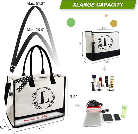 BeeGreen Embroidery Monogram Initial Tote Bag for Women Teacher Mom Friend Personalized Gift for Birthday Beach Work Wedding