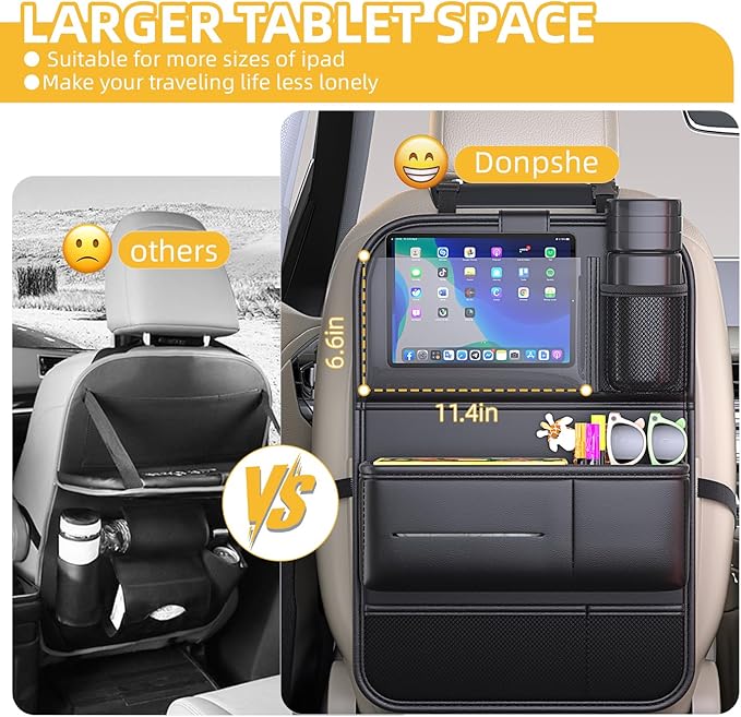 Donpeshe 1PC Leather Foldable Backseat Organizer with Tray for Cars - Portable Kids Car Tray Table, Travel Food Desk & Waterproof Storage
