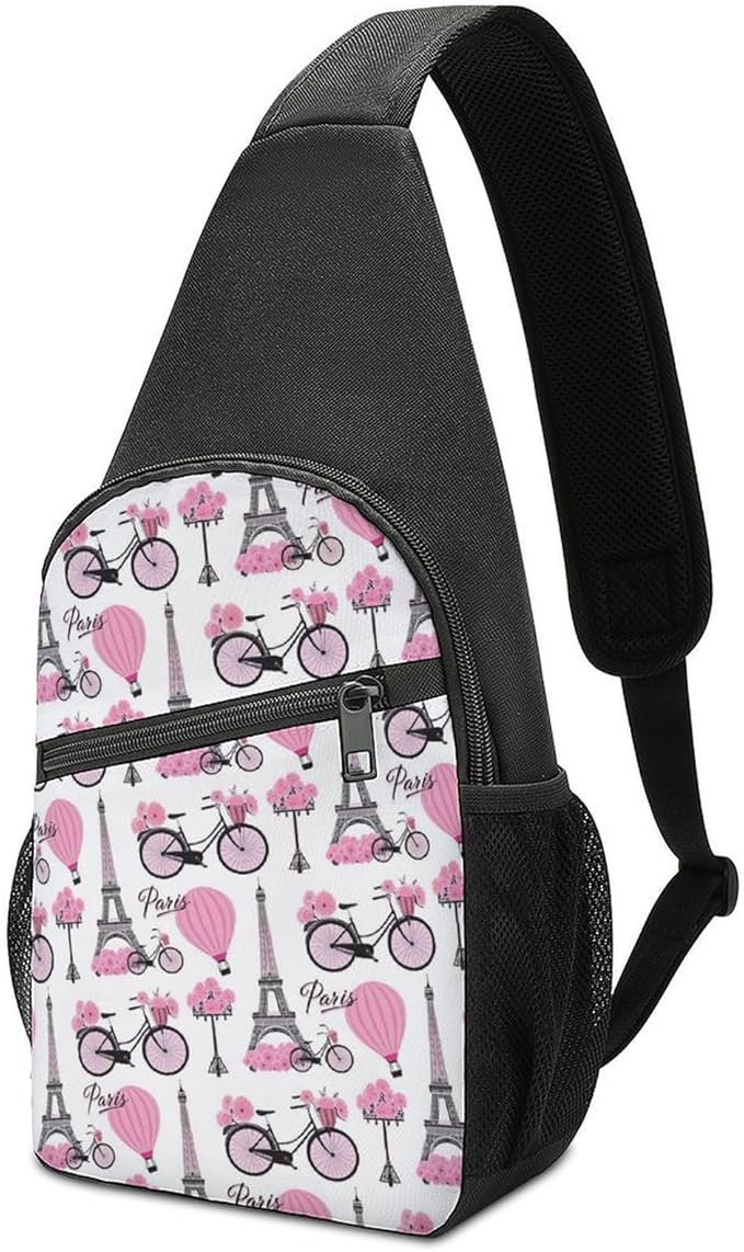 SWEET TANG Sling Bag Crossbody Backpack for Women Men, Breathable Multipurpose Satchel Bag Paris Pink Eiffel Tower, Anti Theft Funny Outdoor Daypack