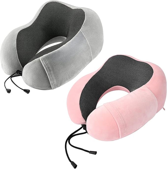 Neck Pillow Airplane-2 Pack Memory Foam Travel Pillow, Soft Support Travel Neck Pillow for Travelling, Sleeping Rest, Car, Train and Home Use (Grey&Pink)
