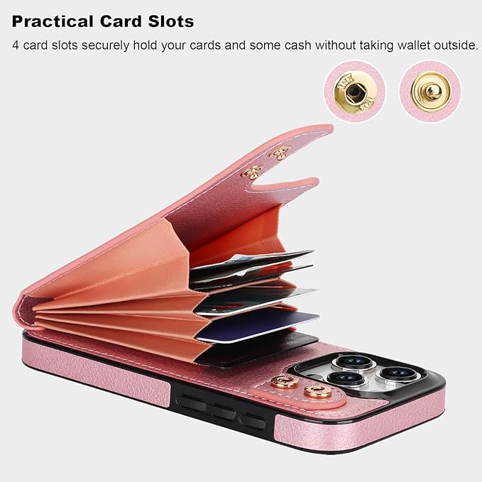 Folosu Compatible with iPhone 15 Pro Case Wallet with Card Holder, 360°Rotation Finger Ring Holder Kickstand, RFID Blocking Leather Protective Double Buttons Shockproof Cover 6.1 Inch Rose Gold