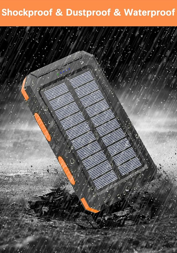 Solar Power Bank - 36800mAh Solar Phone Charger, USB-C QC3.0 Fast Charger with LED Flashlight, IP65 Waterproof Portable Power Bank for Camping, Hiking Outdoor Activities（Orange）