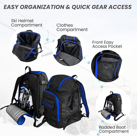 Savvycraft Ski Boot Bag, 50L Ski Backpack for Ski and Snowboard Boots, Helmets, Gloves, and Accessories, Lightweight Durable Convenient, Blue