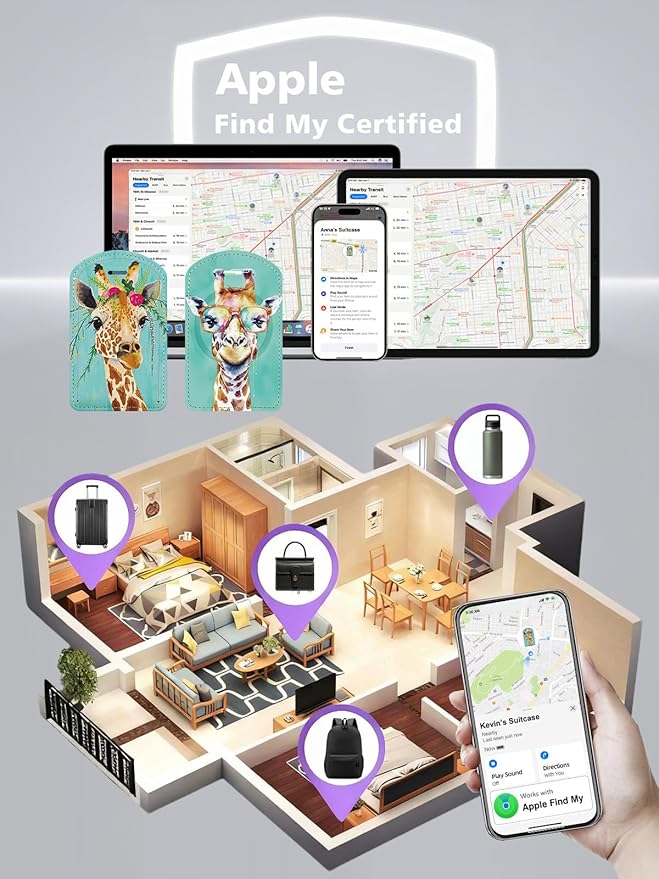 Luggage Tags Built-in Anti-Loss Tracker, Luxury Leather Luggage Tags for Suitcase, Travel Bags, Backpacks, Travel Organizer for Lost Baggage Prevention (Giraffe)