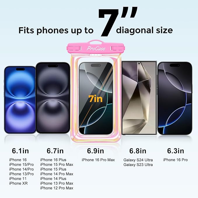 ProCase 2 Pack Floating Waterproof Phone Pouch Up to 7", IPX8 Floatable Underwater Phone Case Dry Bag for iPhone 17/Air 16 15 14 13 12 11 Pro Max Xs Max XR X 8 7 Plus SE/Galaxy S24 S23 S22 - PinkBlue