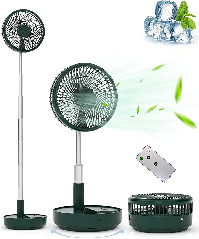 Primevolve Portable Oscillating Standing Fan,Rechargeable Battery Operated USB Floor Table Desk Fan with Remote, Bedroom Camping Travel Fans Green 7.7"