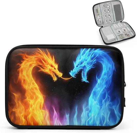 Fire Dragon Travel Cable Organizer Pouch Flame Blue Dino Electronics Accessories Carry Case Portable Water Resistant Storage Bag for Cord Charger Phone Earphone SD Card