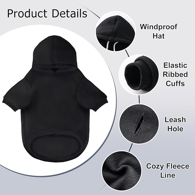 BAOBICUTE Dog Basic Hoodie Soft Dog Clothes Cold Weather Sweaters for Medium Large Dogs Cozy Fabric Warm Sweatshirt with Leash Hole (Black, L (Back: 20.47",Chest: 28.35", Neck: 21.26"))
