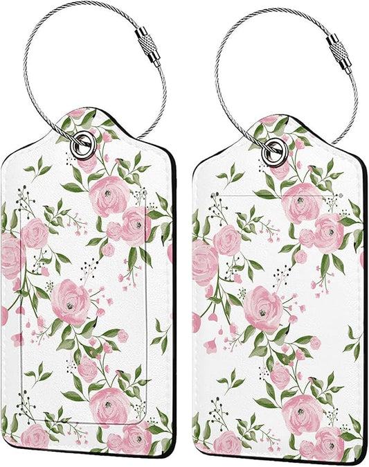 Watercolor Floral 2-Pack Luggage Tags for Suitcases,Leather Baggage Tag with Loop, Tags Private Name ID Labels for Women Girl Men Boys Travel Baggage Suitcase