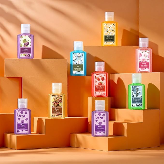Frienda 24 Pack Mini Scented Hand Sanitizer Bulk Perfume Gel Hand Sanitizer Scented 1 oz Pocket Portable for Teacher Nurse Staff Christmas Stocking Stuffers Homeless Care Package Supplies