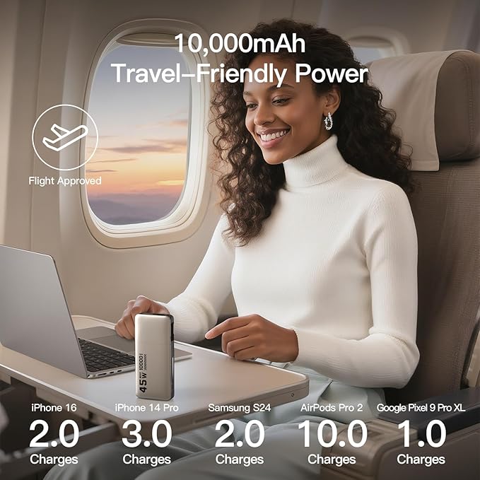 MFish 10000mAh Portable Charger, 45W PD Fast Charging Power Bank with Retractable Built-in USB-C Cable, Flight-Safe Travel Battery Pack for iPhone 17/16 Pro Max, Samsung S25 S24, iPad, Google etc