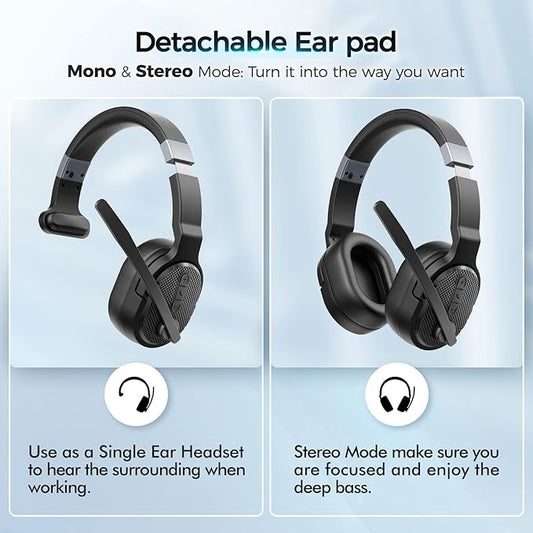 Trucker Bluetooth Headset, Wireless Headsets with Noise Cancelling Microphone, 50+Hrs HD Talktime Bluetooth Headphones with Detachable Earpad/Single+Dual Mode for Office/Driving/Home