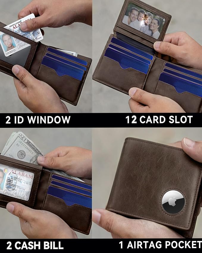 Mens Wallet with AirTag Holder, Genuine Leather Bifold RFID Blocking Wallet for Men - 2 ID Window 13 Cards Holders 1 Gift Box, AirTag Not Included