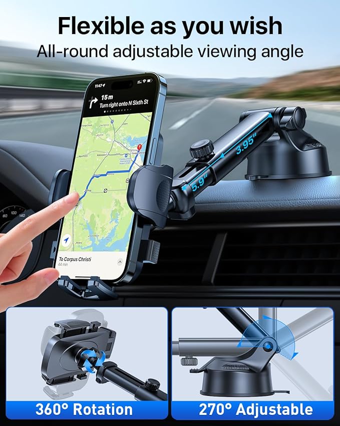 HTU 𝟐𝟎𝟐𝟔 𝐔𝐩𝐠𝐫𝐚𝐝𝐞𝐝【True Military-Grade】 Car Phone Holder【Safety Certs & No Smell】 Cell Phone Holder for Car Mount for Dashboard Windshield Air Vent Long Arm Thick Case,Green