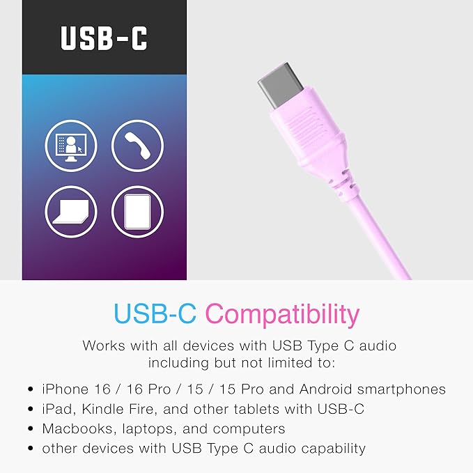 MEE audio KidJamz KJ55 Safe Listening USB-C Headphones for Children with Multicolor LED Lights, Volume Limiter, & Microphone; On-Ear Wired Kids Headset for iPhone 16, iPad, & USB Type C Devices (Pink)