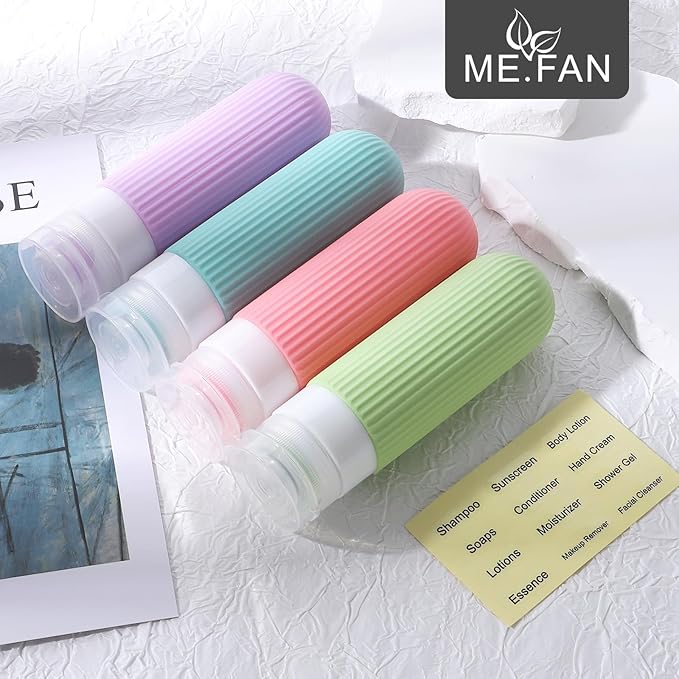 ME.FAN Travel Bottles for Toiletries, TSA Approved 3oz Silicone Journey Size Containers, Portable Split Bottle for Conditioner, Shampoo, Lotion- 4 Pack Bright