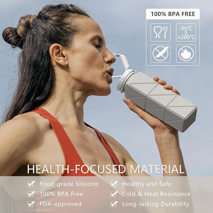 Collapsible Water Bottles with Straw 20.6oz, Silicone Foldable Portable Water Bottle, BPA-Free, Leakproof Reusable for Travel Camping Hiking Cycling Yoga Sports, 2 Pack (Black+Starlight)