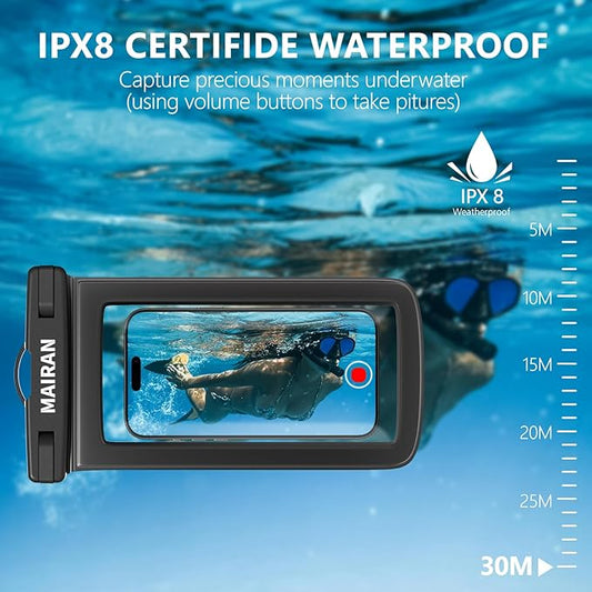 IPX8 Waterproof Phone Pouch Case 2Pack, Water Proof CellPhone Dry Bag for iPhone 16 15 14 13 12 11 Pro Max Plus XS, Galaxy S24 S23 4-7" Protector & Travel Essentials for Beach, Pool, Cruise-Black
