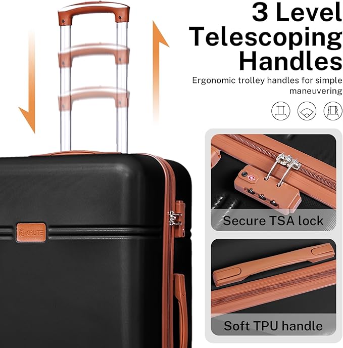 Krute Carry On Luggage Sets 3 Pieces Suitcase Set Hard Shell PC+ABS Airline Approved Suitcases with Spinner Wheels TSA Approved 20 Inch Luggage (BlackBrown)