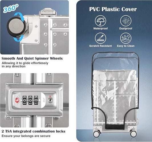DOMINOX All Aluminum Carry On Luggage Hard Shell Luggage Aluminum Suitcase for Travel Zipperless Luggage Checked Luggage with Silent 360° Spinner Wheels 20 In. (Industry Style, Sliver)