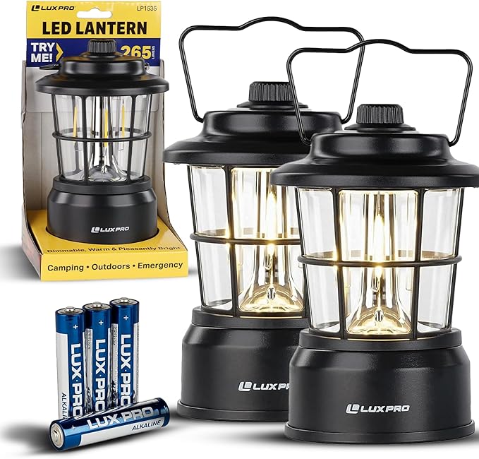 LUXPRO Retro LED Lantern - Battery-Powered Emergency Lantern - Water Resistant - Bright LED Lamp for Indoor & Outdoor Use - Use for Tents, Hiking or Hurricane Prep (Black, Pack of 2)