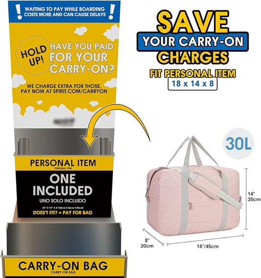 For Spirit Airlines Personal Item Bag 18x14x8 Foldable Travel Duffel Bag Tote Duffle Carry on Luggage for Women and Men 30L (Pink (With Shoulder Strap))
