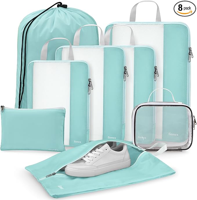 Gonex 8 Set Compression Packing Cubes for Travel, Expandable Mesh Packing Organizer for Travel Accessories Essentials with Toiletry Bag, Laundry Shoe Cable Bag for Suitcases, Grey Blue-green