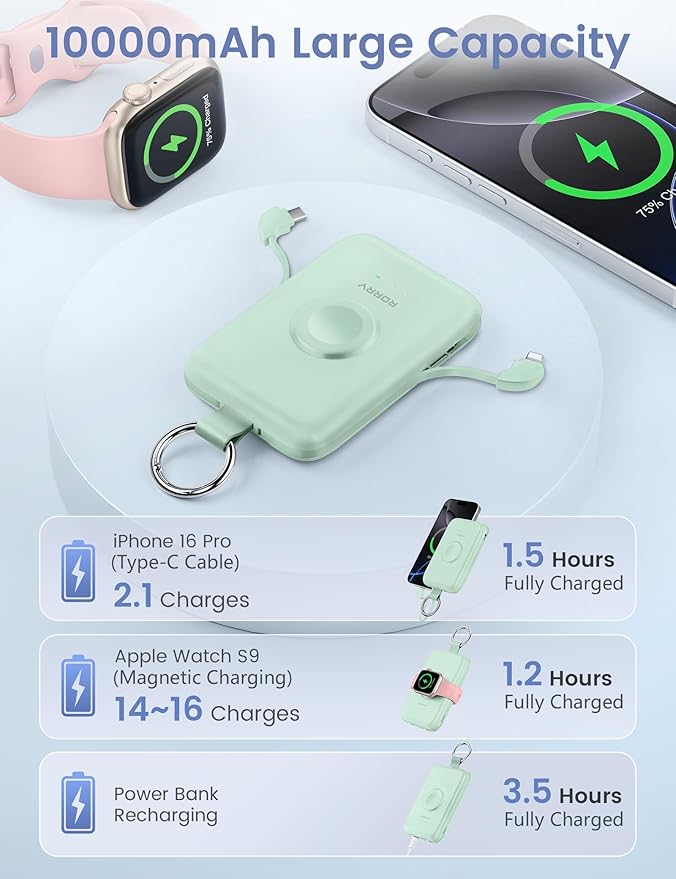 RORRY Portable Charger, 10000mAh PD 20W Fast Charging Portable Charger Power Bank with Built in Cables, Travel Battery Pack for iPhone 17/16/15/14/13/12 and Apple Watch Ultra/11/10/9/8/7/6/5, Green