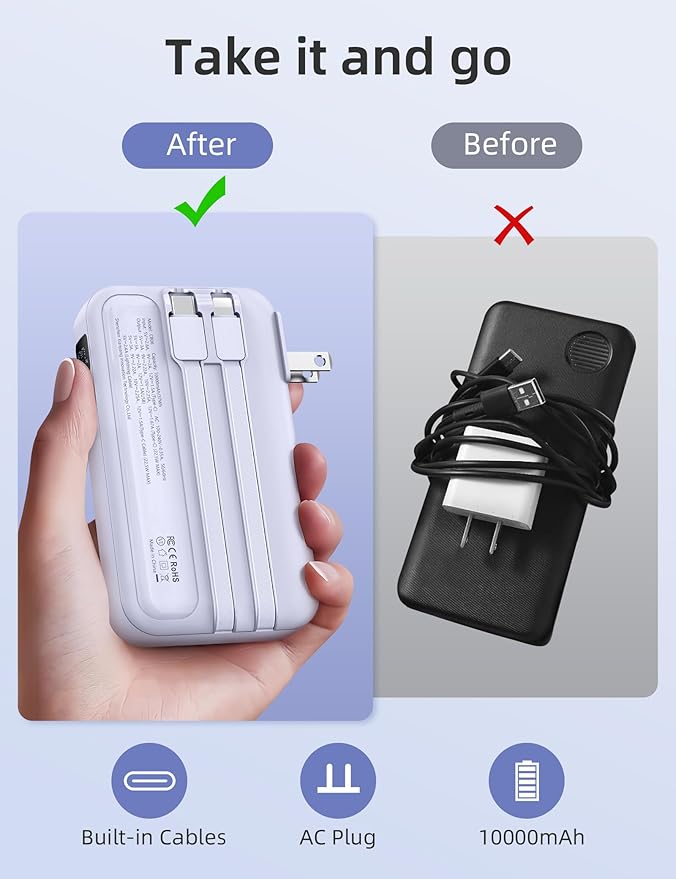 RORRY Portable Charger Built in Cables, AC Wall Plug in Portable Charger Power Bank 10000mAh Travel Battery Pack 22.5W Fast Charging for iPhone 17/16/15 Samsung Galaxy S24/S23 Pixel LG iPad, Purple