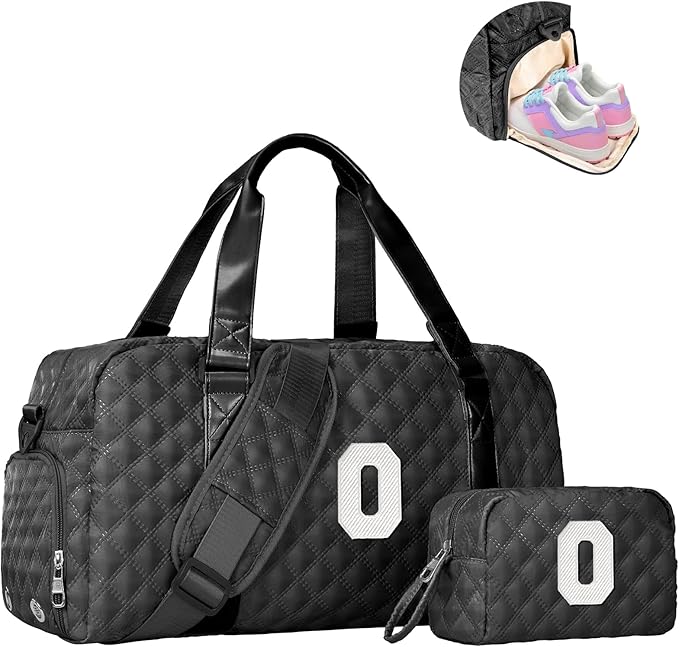 Elilier Initial Gym Bag for Girls, Kids Travel Duffel Bag, Graduation Gifts for Her, Personalized Weekender Bag with Shoes Compartment, Gifts for Mom, Girls Gifts for Kids