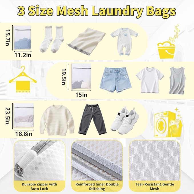 Laundry Bag Backpack with 3 Sizes Mesh Wash Bags and Shoulder Straps Foldable Clothes Hamper Bag with Drawstring Closure for College, Apartment, Laundromat (Yellow)
