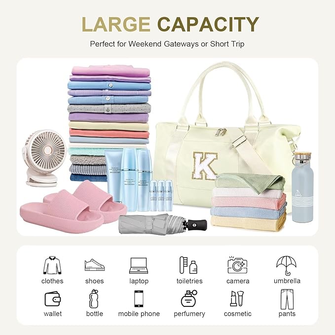 Dance Gym Duffel Bag for Teen Girls, Personalized Initial Travel Weekender Bag,Cute Overnight Carry On Duffle for Women,Sports Travel Cheer Bag,Monogram Christmas Gifts for Tween Preppy(beige-K)