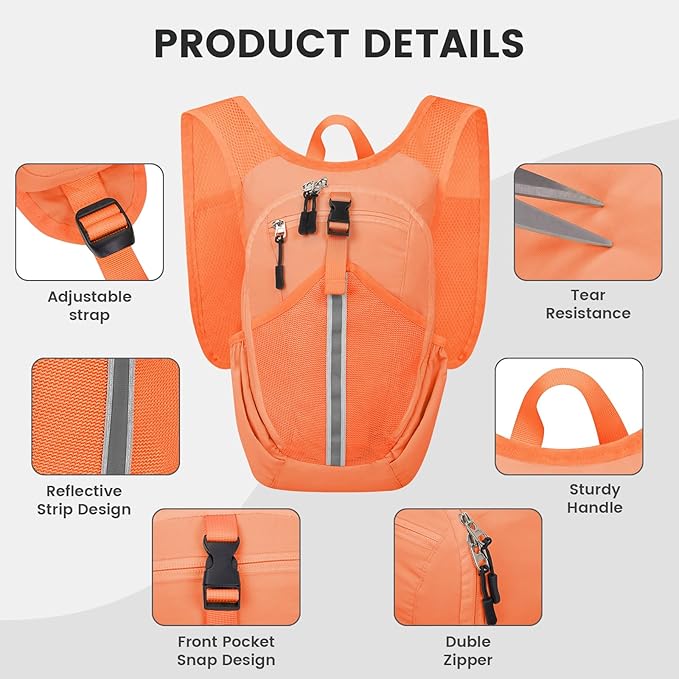 Small Hiking Backpack 10L - Lightweight Packable Foldable Backpack for Travel Camping Outdoor Commute, Compact Rucksack for Women Men(Orange)