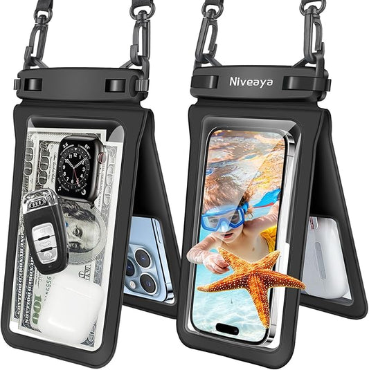 Niveaya Double Space Waterproof Phone Pouch (2-Pack) - IPX8 Phone Case Dry Bag for Beach, Kayak, Cruise Travel Essentials - Compatible with iPhone 17/16/15/14 Pro Max Galaxy S25/S24 Ultra (up to 8.3")