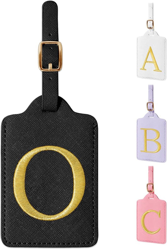 Personalized Initial Luggage Tags for Suitcase TSA Approved, Black Leather Cute Luggage Tag with Privacy Cover Name Card, Embroidered Custom Luggage Tags Travel Backpack Tags Gifts for Women Kids(O)