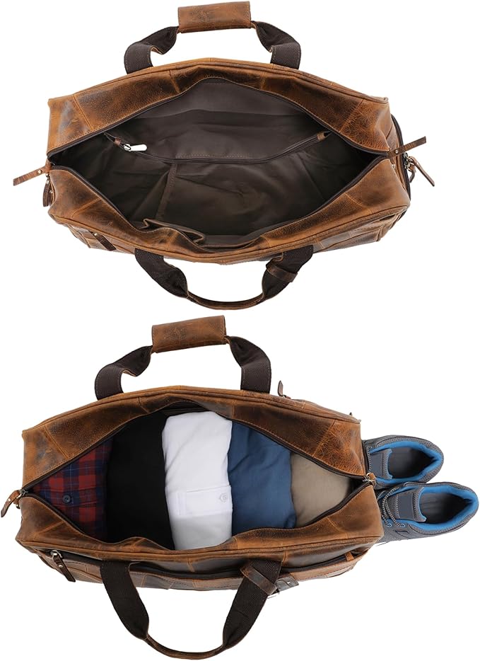 Leather Duffle Bags for Men - Handmade Full Grain Leather Weekender Bag with 2 Shoe Compartment, Underseat Carry On Travel Luggage