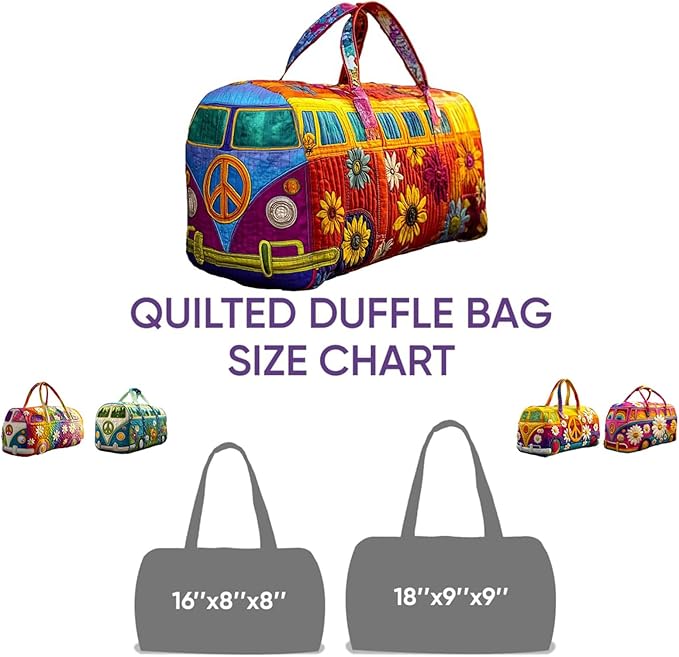 Hippie Van Quilted Duffle Bag, Boho Weekender Travel Overnight Luggage for Women Vintage Floral Gym Tote (style1, Large (18"x9"x9"))
