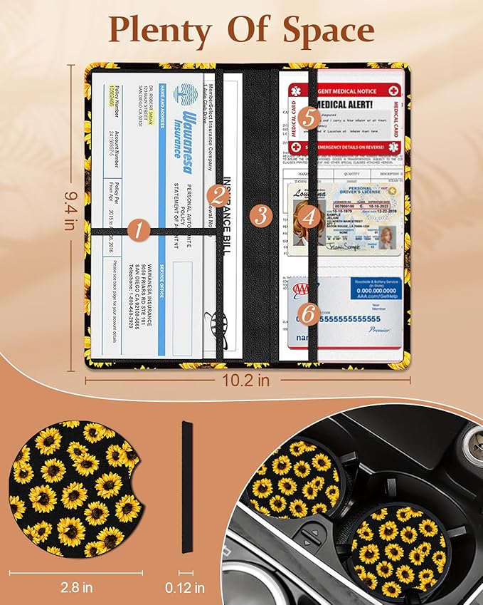 Slohif Car Registration and Insurance Card Holder with Magnetic Shut - Vehicle Glove Box Organizer Women Leather Automobile License Holders Coasters Auto Accessories Case for Document,Sunflower