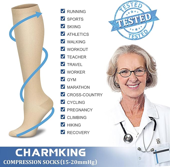 CHARMKING Compression Socks for Women & Men Circulation (8 Pairs) 15-20 mmHg is Best Support for Athletic Running,Cycling