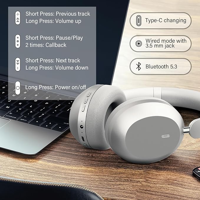 Wentronic Y05 Bluetooth Headphones Wireless Over Ear Noise Cancelling with Microphone 48 Hours Playtime, High Sound Quality Foldable Soft Earpads Earphones for Travel-Silver