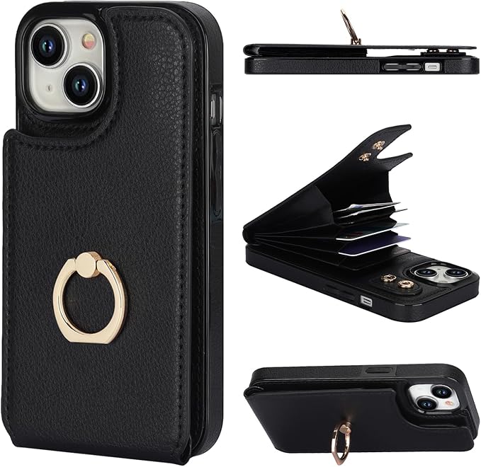 Folosu Compatible with iPhone 15 Case Wallet with Card Holder, 360°Rotation Finger Ring Holder Kickstand, RFID Blocking Leather Protective Double Buttons Shockproof Cover 6.1 Inch (Black)