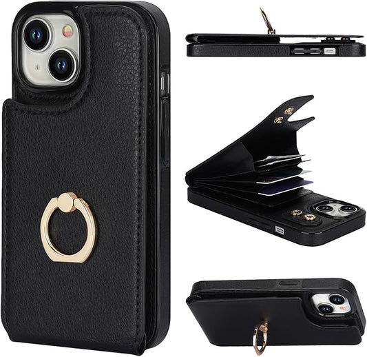 Folosu Compatible with iPhone 15 Case Wallet with Card Holder, 360°Rotation Finger Ring Holder Kickstand, RFID Blocking Leather Protective Double Buttons Shockproof Cover 6.1 Inch (Black)