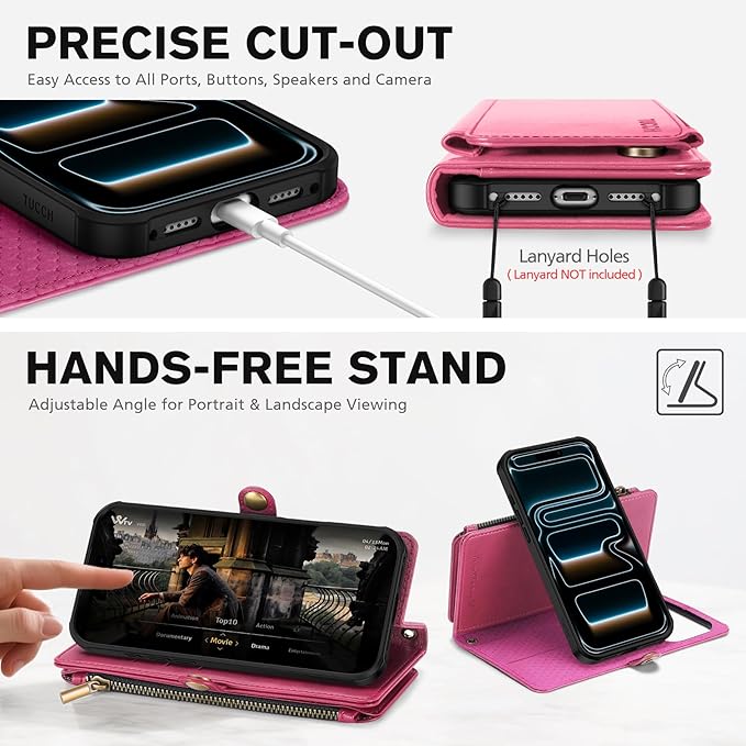 TUCCH Detachable Crossbody Case Wallet for iPhone 17 Pro Max 6.9", Wireless Charging | RFID Blocking 10 Card Holder | Lanyard Wrist Strap | Stand | Zipper Pocket | PU Leather Magnetic Cover | Hot Pink